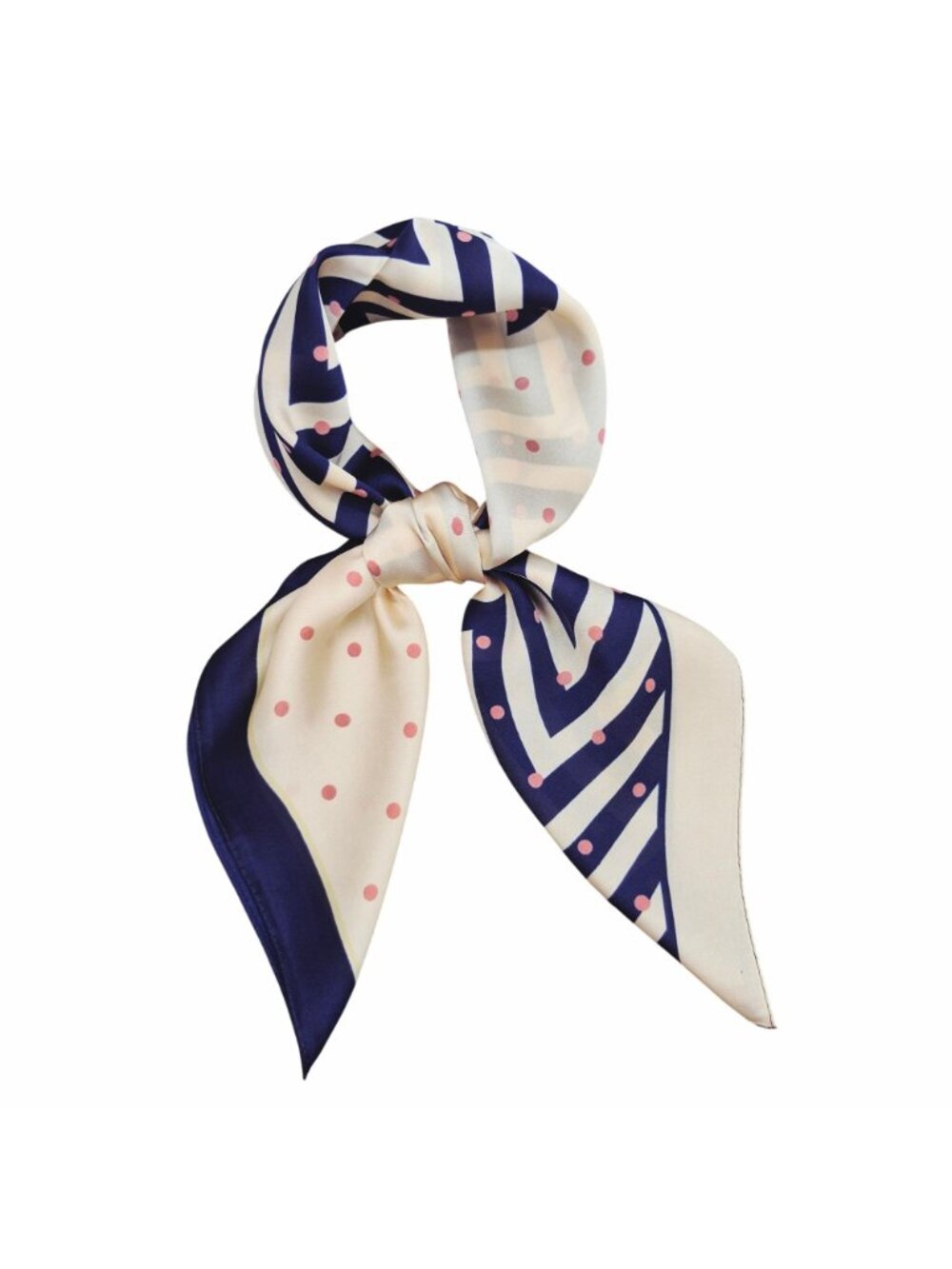 ✨Luxury Elegant Silky Scarf Navy Blue Beige Pink Polka Dot Zigzag Square Wrap - Picture 3 of 5